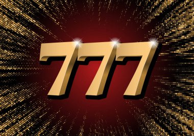 Üç altın yedi üç boyutlu sayı. Merkezden siyah bir zemin üzerinde parıldayan şık bir altın parıltısının arka planına karşı. Kumarhane için poster şablonu. Sembol Büyük galibiyet 777. Vektör illüstrasyonu