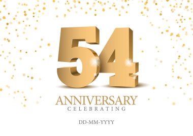 54. yıl dönümü altın 3D numaraları. 54. yıl dönümü partisinin poster şablonu. Vektör illüstrasyonu