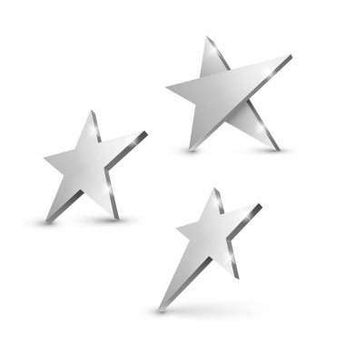 Röfleli gümüş 3D yıldız. Tatil tasarımı için simge. Vektör illüstrasyonu.