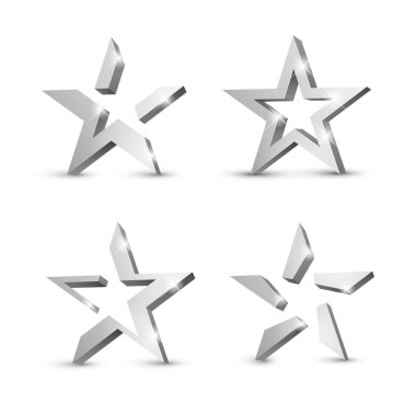 Röfleli gümüş 3D yıldız. Tatil tasarımı için simge. Vektör illüstrasyonu.