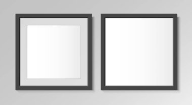 Gerçekçi siyah kare çerçeveler. Görüntü ya da fotoğraf için. Duvarda posterler var. Mockup için çerçeve tasarım şablonu. Vektör illüstrasyonu