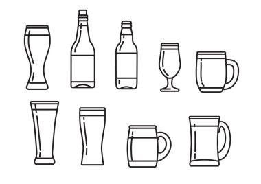 Çeşitli el yapımı bira şişeleri, bardaklar ve bardaklar ayarlayın. Farklı şekil ve boyutlarda. vektör illüstrasyonu