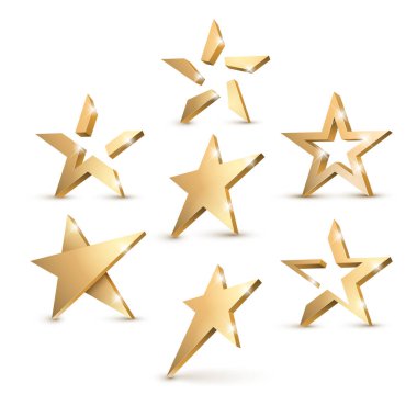 Altın 3D yıldızlı, altın 3D yıldızlı. Tatil tasarımı için simge. Vektör illüstrasyonu.