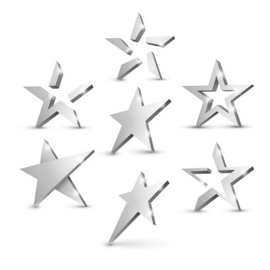 Röfleli gümüş 3D yıldız. Tatil tasarımı için simge. Vektör illüstrasyonu.