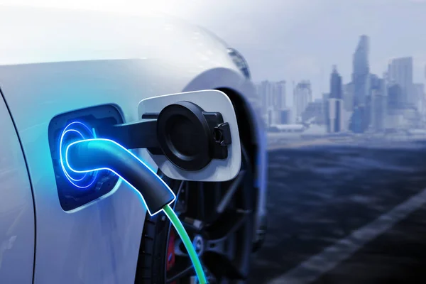 電気自動車のEv車への充電中の電源ケーブルポンププラグ — ストック写真