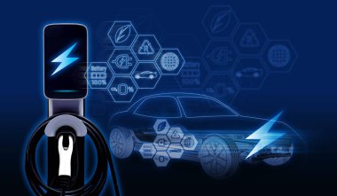 Elektrik kablosu pompası kavramı dünyayı ikonlu elektrikli araç EV 'ye güç yükleme fişi ile kurtarır.