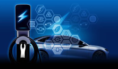 Elektrik kablosu pompası kavramı dünyayı ikonlu elektrikli araç EV 'ye güç yükleme fişi ile kurtarır.