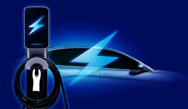 Elektrik kablosu pompası kavramı dünyayı ikonlu elektrikli araç EV 'ye güç yükleme fişi ile kurtarır.