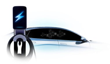 Elektrik kablosu pompası kavramı dünyayı ikonlu elektrikli araç EV 'ye güç yükleme fişi ile kurtarır.