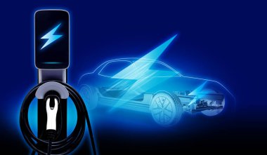 Elektrik kablosu pompası kavramı dünyayı ikonlu elektrikli araç EV 'ye güç yükleme fişi ile kurtarır.
