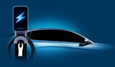 Elektrik kablosu pompası kavramı dünyayı ikonlu elektrikli araç EV 'ye güç yükleme fişi ile kurtarır.