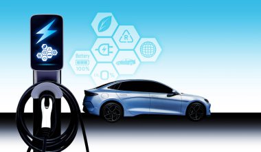 Elektrik kablosu pompası kavramı dünyayı ikonlu elektrikli araç EV 'ye güç yükleme fişi ile kurtarır.