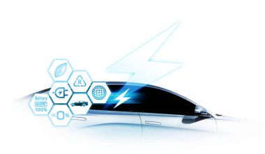 Elektrik kablosu pompası kavramı dünyayı ikonlu elektrikli araç EV 'ye güç yükleme fişi ile kurtarır.