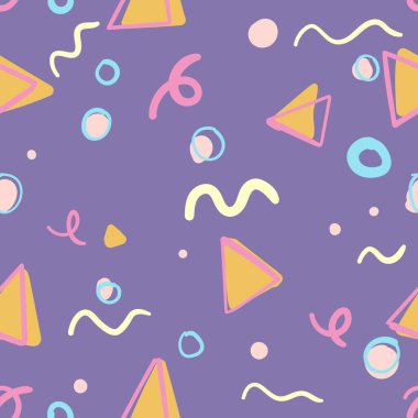 Cute simple pattern with different hand painted elements. Vector seamless template background. Colorful memphis style illustration.