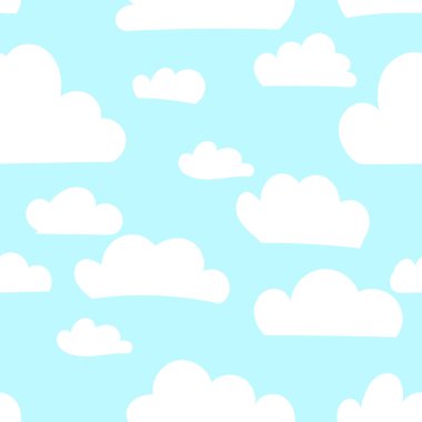Colorful seamless pattern with white clouds. Hand drawn Illustration for kid textile, card, pajama, t-shirt print design. Fashion trend background. Blue sky simple vector backdrop