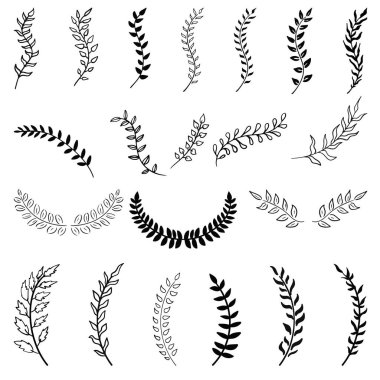 Set of hand drawn silhouette tree branches with laurel, oak and olive foliate. Vector illustration for your frame, border, ornament design, wreaths depicting an award, heraldry, nobility, emblem, logo