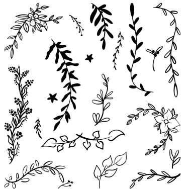 Set of hand drawn silhouette tree branches with laurel, oak and olive foliate. Vector illustration for your frame, border, ornament design, wreaths depicting an award, heraldry, nobility, emblem, logo