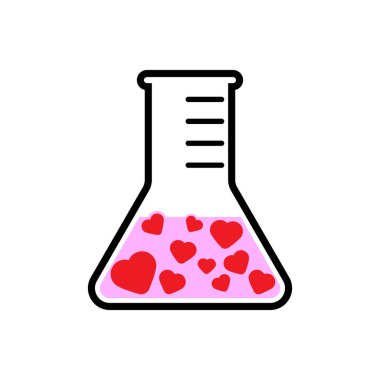 Aşk kimya satırı simgesi. Tüp bebek aşk sıvı tepki laboratuvar şişe Bilim romantik aşk şarkısı. Kalp şekli. Mutlu Sevgililer günü işareti ve sembolü.