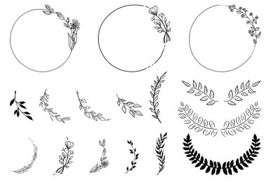 Set of hand drawn silhouette tree branches with laurel, oak and olive foliate. Vector illustration for your frame, border, ornament design, wreaths depicting an award, heraldry, nobility, emblem, logo