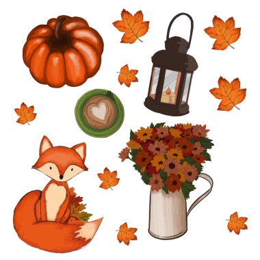 Watercolor cute animal and autumn leaves sticker