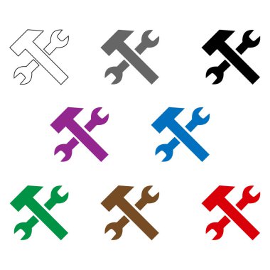 Araç ve servis simgeleri ayarlandı. İngiliz anahtarı, tornavida ve vites simgesi. Tornavida ve ingiliz anahtarı simgesi. Ayarlar ve onarım, servis işareti - stok vektörü