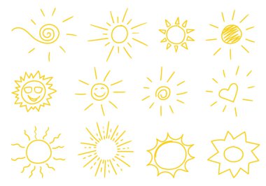 El çizimi güneş sembolleri koleksiyonu. Farklı karalama biçimleri.