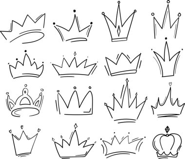 Karalama tacı. Çizgi sanatı kralı ya da kraliçe taç çizimi, taç giymiş dostlar, güzel diyadem ve lüks çıkartma vektör çizimi. Kraliyet baş aksesuarları doğrusal koleksiyonu