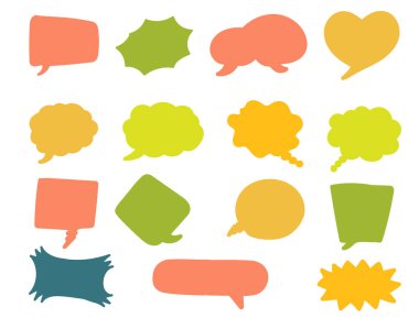 Farklı konuşma balonları koleksiyonu. Beyaz arka planda izole edilmiş düşünce baloncukları ya da boş çıkartmalar. Renkli konuşma balonları tasarım elementleri. Düz vektör illüstrasyonu