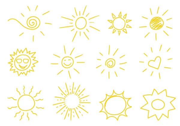Coleção Símbolos Solares Desenhados Mão Diferentes Estilos Doodle — Vetor de Stock