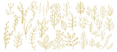 Altın çiçekli elementler seti. Çiçek ve altın yapraklar. Düğün konsepti: Çiçekler. Çiçek posteri, davet. Tebrik kartı veya davet tasarımı için vektör düzenlemeleri