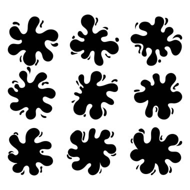 Damlalı siyah mürekkep lekeleri. Farklı el yapımı sprey tasarım elementleri. Boya mürekkebi sıçramış, lekeler yerleştirilmiş. Damlalı boya damlası. Vektör illüstrasyonu