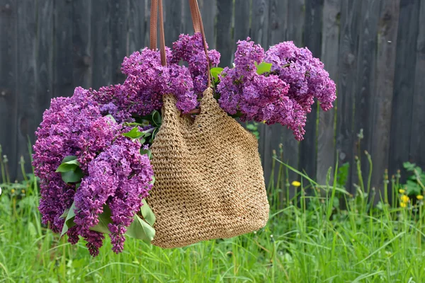 女性用のバッグに入ったライラックの花束 — ストック写真