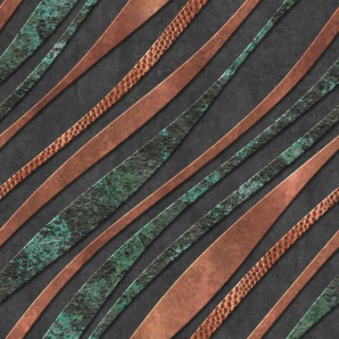 Siyah grunge arka planında dalga desenli pürüzsüz doku, bakır ve bronz renk, 3d illüstrasyon