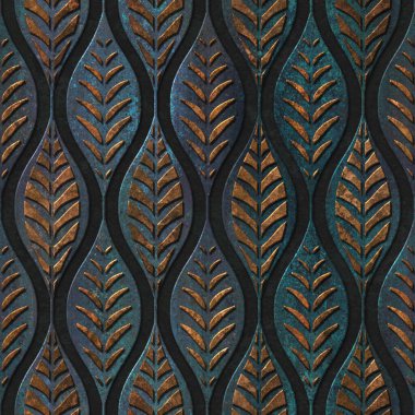 Yaprak oyma desenli kusursuz doku, bronz ve bakır renk, panel, 3 boyutlu illüstrasyon