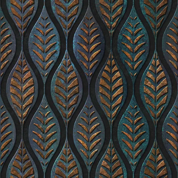 Seamless texture with carving leaves pattern, bronze and copper color, panel, 3D illustration