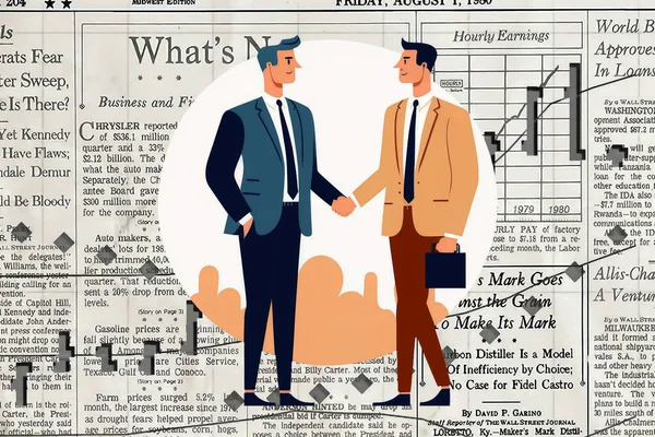 2 young cartoon comix businessmen shaking hands standing in front of a real stock market  chart new quality creative financial business stock image