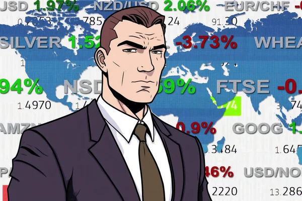 young cartoon comix businessman standing in front of a real stock market  chart new quality creative financial business stock image