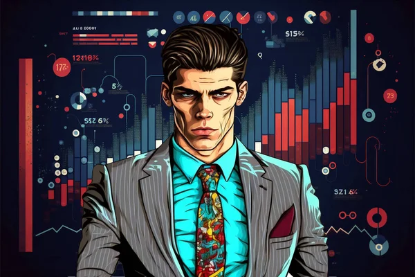 young cartoon comix businessman standing in front of a real stock market  chart new quality creative financial business stock image