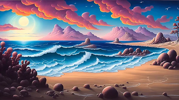 beautiful surreal landscape view in airbrush style new quality universal joyful colorful stock image illustration wallpaper design,