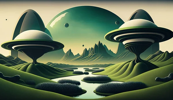 alien structure on planet valley landscape new quality stock image illustration desktop wallpaper design,
