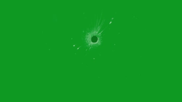 Разбитое Стеклянное Отверстие Пули Верхнего Разрешения Анимированное Видео Зеленый Экран — стоковое видео