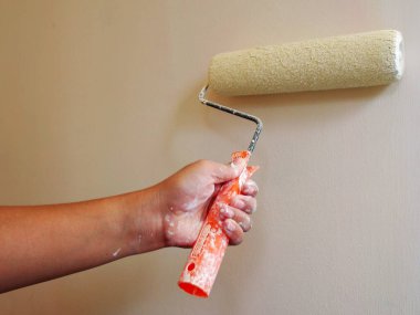 Female Hand painting the wall with paint roller. Home renovating with color