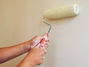 Female Hands painting the wall with paint roller. Home renovating with color