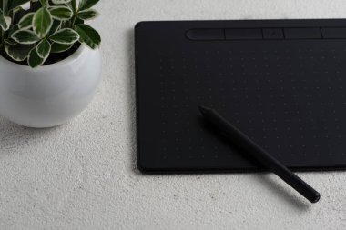 Beyaz arka planda stili olan grafik tablet. Yakınlarda beyaz bir saksıda bir bitki var..