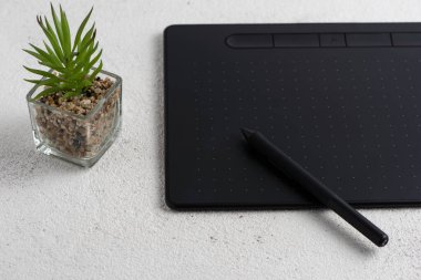 Beyaz arka planda stili olan grafik tablet. Yakınlarda cam bir saksıda bir bitki var..