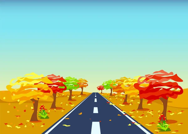 Векторная Иллюстрация Асфальтированной Дороги Осенью Осенний Пейзаж Осенними Деревьями Вдоль — стоковый вектор