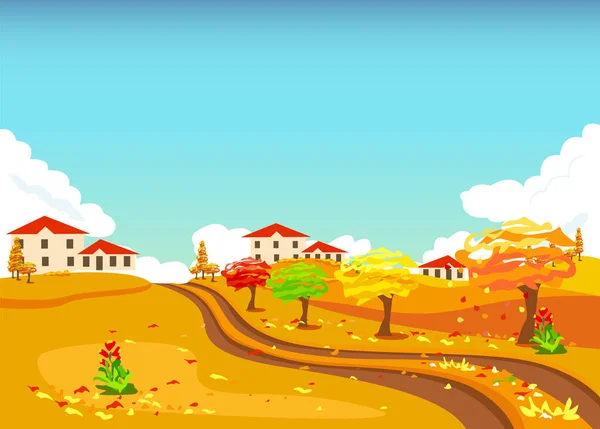 Herbstliche Landschaft Mit Bauernhäusern Und Einer Landstraße Vektor Illustration Flachen — Stockvektor