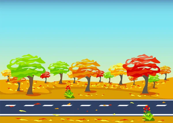 Εικονογράφηση Διάνυσμα Ενός Ασφαλτοστρωμένου Δρόμου Φθινόπωρο Φθινοπωρινό Τοπίο Δέντρα Κατά — Διανυσματικό Αρχείο