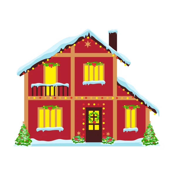 stock vector Merry christmas house at night. Red country house covered in snow and decorated with garlands and Christmas decorations. Vector illustration in a flat style on a white background.