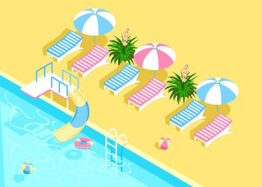 Merdiveni ve şeffaf suyu olan Isome yüzme havuzu. Yaz tatilinde havuz kenarında. Yaz eğlencesinin renkli bir görüntüsü. Arkaplan vektör kümesi.